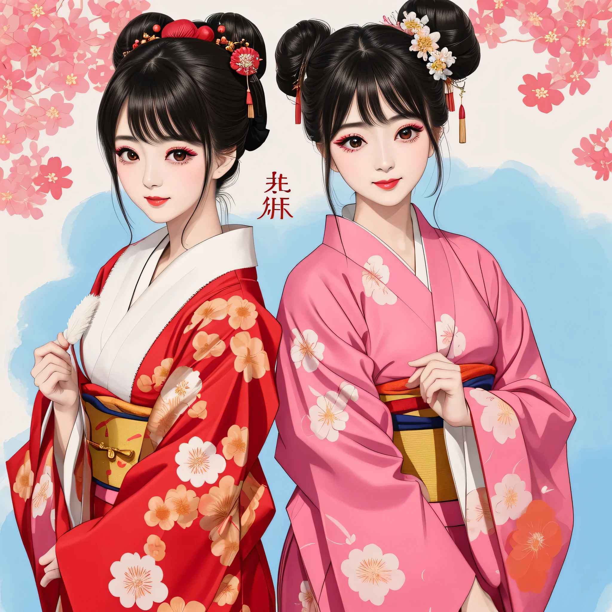 Each has a different expression2People and sisters、(2 girls)、⦅Dancing traditional arts with grace)、((Big Breasts、Small Face、Not exposed))、Highest quality、masterpiece、(Black Hair、Bun Hair)、Brown Eyes、⦅Wide angle、Angle from above the waist、Pause on the magazine cover、Their gazes are different, gazing into the distance⦆、(8K High Quality、masterpiece、High resolution、Realistic and beautiful light and shadow、(Highest quality)、(High Resolution)、(Very delicate and beautiful)、(Beautiful 8k face)、(With a smile、Beautiful eyes)、(Clear skin)、(Soft hair)、(8Head to Body)、(A Japanese-style yukata kimono with red, pink, orange and blue floral patterns on a white background, interspersed with gold powder、Wearing a yukata2Beautiful Japanese girls)、((Tanabata decoration background))、((Small Face))、(arms up)、Thin and small nose、(Red lipstick)、(Make your cheeks red)、(Glossy skin)、((Ink painting style))、Very thin eyebrows、Overall ultra-high image quality、(She is wearing maiko-style makeup.)、Whitening、Long and beautiful eyelashes、Glowing Skin、(Red cheeks),Straight nose、masterpiece、Highest quality、whole body、 Eyebrows visible through hair、Bun Hair、Grin、Gal、Gal、Viewer's Eyes、Plaid、Stylish、woman、fine、Pause、
Waiting to start