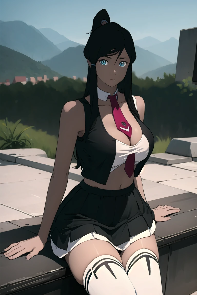 avatarkorra, korra, long hair, black hair, ponytail, dark skin, dark-skinned female, topknot, BREAK , BREAK looking at viewer, BREAK outdoors, BREAK (masterpiece:1.2), best quality, high resolution, unity 8k wallpaper, (illustration:0.8), (beautiful detailed eyes:1.6), extremely detailed face, , (perfect hands, perfect anatomy), in full growth,the city in the background,(micro skirt:1.4),(Special clothes52,pleated skirt,necktie,thighhighs, medium tits,thongs,stockings:1.2),heels, muscular,egs spread