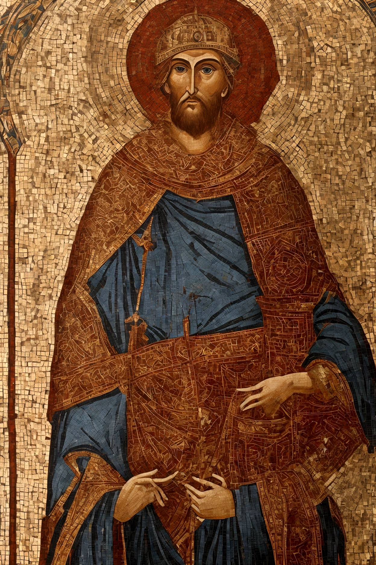 a close up of a mosaic of a man holding a basket, byzantine mosaic, inspired by Nicomachus of Thebes, orthodox mosaic, byzantine, seville. byzantine mosaics, artwork roman mosaic, portrait of saint of the pit, roman mosaic, inspired by Constantine Andreou, great king of stovokor, inspired by Cimabue Justinian The Great as Emperor of Byzantine Empire 