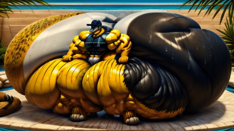 4k, high resolution, best quality, perfect lightning, perfect, solo, anthro, young, boy,golden yellow wolf:2.0, furry body, (fluffy mane:1.2), fluffy tail, male, adult, (bulky2:0, thick muscles2:0, huge muscles:2.0, hyper muscles:2.0), (thick biceps, veiny biceps, broad shoulders:2.0), (thick legs, thick calves:1.1), (digitigrade legs, 4 toes:1.2), perfect colors, (photorealistic fur, detailed fur, epic, masterpiece), (suggestive posing:1.2), (seductive smile, lustful grin 1.3), detailed beach,detailed wolf eyes:2.0, by k0suna, by darkgem，nipple ring，hyper arms:2.0，veins,golden yellow fur,hyper butt:2.0,hyper paws:2.0，standing，thick legs，thick butts:2.0,sweat body:2.0,massive butt:2.0,black hat,hyper ass:2.0,huge ass,long legs,juicy butt:2.0,butt like a wall:2.0，fat butt,butt fill most of picture:2.0,fat legs，extremely hyper butt:2.0，focus on butt:0.4