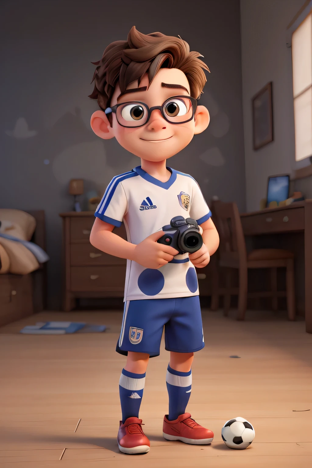 A Disney c cute boy cartoon wearing soccer jersey with camera in his hand wearing glasses brown eyes