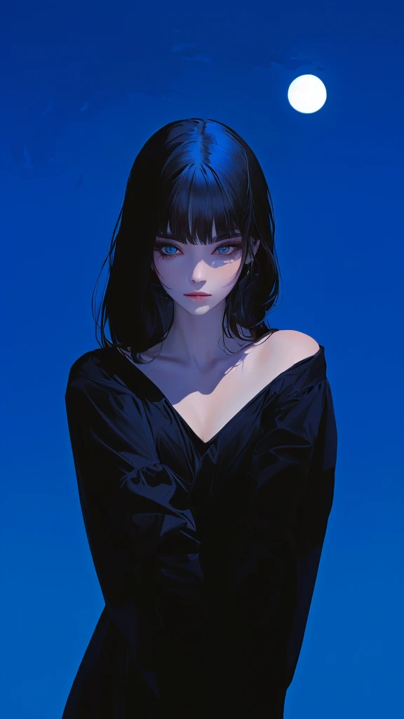 ultra-detailed, beautiful eyes, detailed eyes, detailed face, woman in black casual dress against full moon background, master piece, best quality, high resolution, 16k