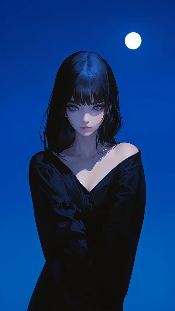 ultra-detailed, beautiful eyes, detailed eyes, detailed face, woman in black casual dress against full moon background, master piece, best quality, high resolution, 16k