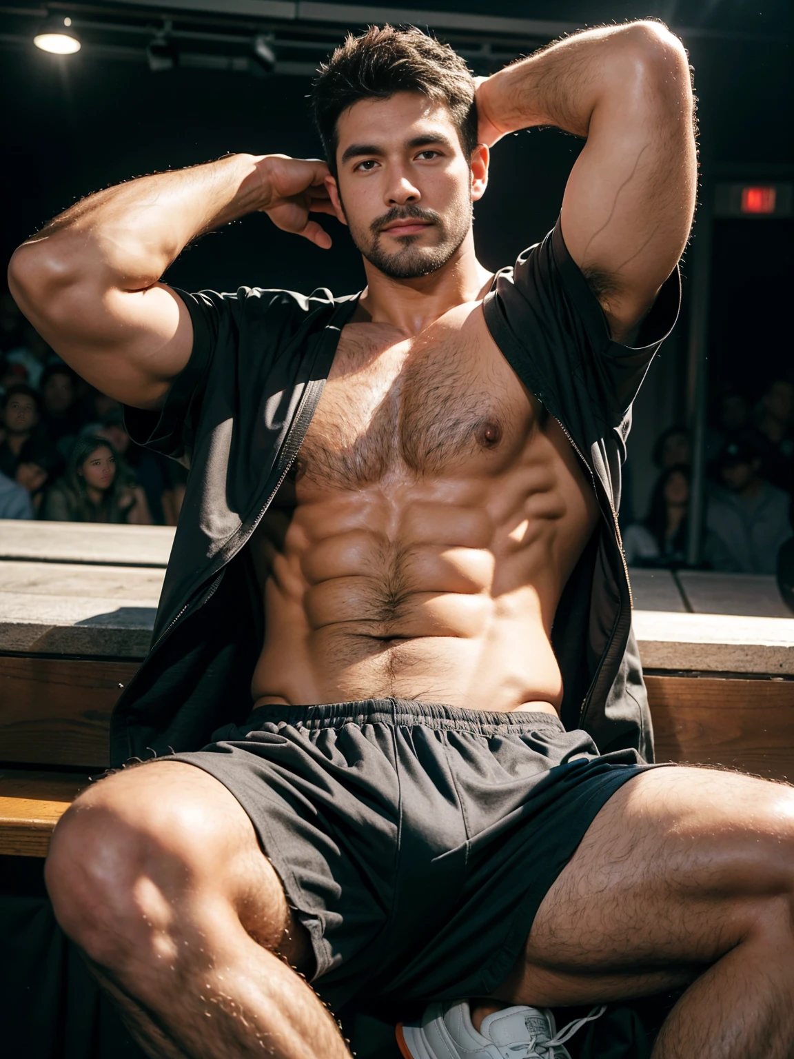 smile, short hair, black hair, brown hair, black hair, sitting, male focus, multiple , shoes, shorts, arms, wristband, sneakers, sportswear, bench, , chest hair, , navel hair, leg hair, armpit hair, hairy, (Chest hair:1.8) ! High detail 8K)! ((Realistically)), ! 186 cm! 70 kilograms! Popular clips! ( High-detail 8k ((realistically)), Exposed chest muscle and chest hair!, best quality, bright lighting, focus, theater! 35 years old, hairy breasts, thick hair Adam Dario Kier screenshot, Reddit, photo realism, gray hair!real photos!Thick moustache!(Chest hair:1.5)Real photos!