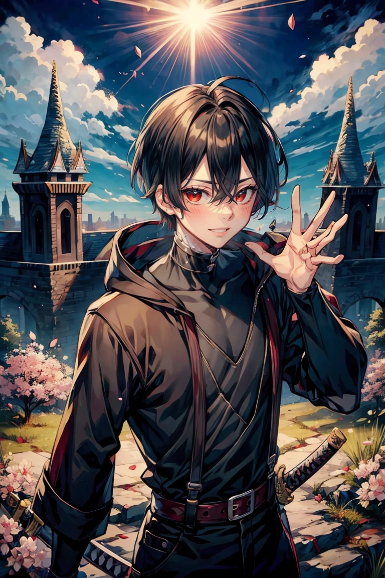 (hasuichi nishizono:1.2), rekkyo sensen, rekkyou sensen, male focus, boys with((sharp eyes, black hair, waving is hands, suspenders, blue clothes, belt, blue knit sweater, straps, furry hoodies, upper body, short hair, (sleeves rolled up:1.1), perfect hands, perfect fingers, katana, sword, weapon)), background with((fantasy world, cherry brossom, ruin, castle, beautiful sky, shining sky, sunshine))