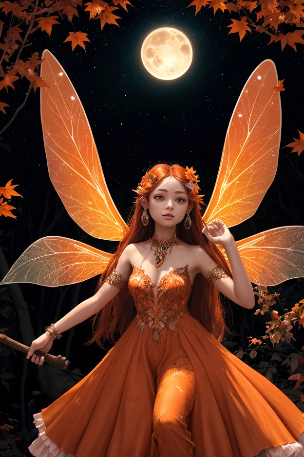 fully body view whimsical cute fairy Tangerine Duskdancer has a vibrant and enchanting presence with her flowing hair in shades of tangerine and deep orange, adorned with tiny glowing orbs and sparkling twilight dew. Her wings are translucent with hues of orange and deep red, resembling the wings of a dragonfly, with intricate patterns that catch the light beautifully. She wears a dress made of soft, tangerine petals and autumn leaves, in hues of orange, red, and brown, giving her an enchanting and dynamic appearance. Her eyes are a deep amber, filled with the mysteries of dusk. Tangerine's skin has a subtle, dusky glow, as if touched by the last light of the day. She carries a staff made of twisted wood and adorned with a glowing topaz, which she uses to summon the energy of dusk and communicate with evening creatures. She is often accompanied by a small, magical bat with iridescent wings, fluttering around her. The background is an autumn forest with the soft, warm light of the setting sun and the first stars appearing in the twilight sky.