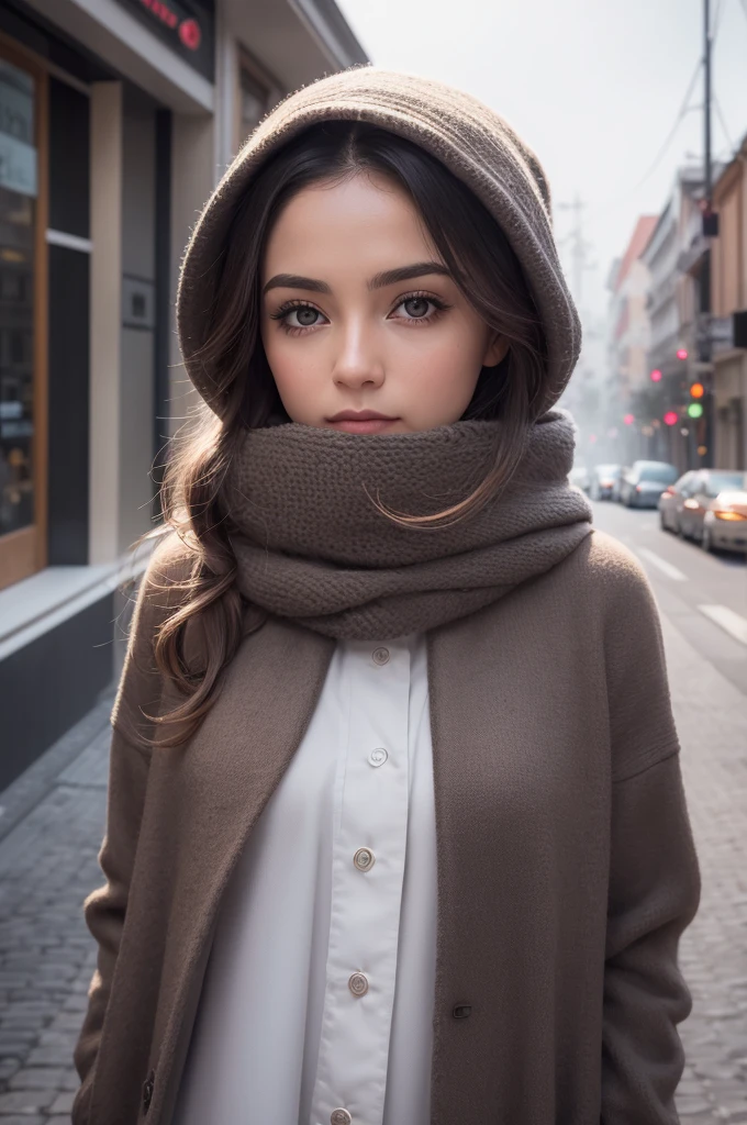 fotografia profissional de uma linda garota norueguesa em roupas de inverno com cabelos loiros longos e ondulados, olhar sensual e sedutor, beautiful symmetrical face, linda maquiagem natural, wearing elegante warm winter fashion clothing, ((parado do lado de fora na rua nevada da cidade)), impressionante ambiente urbano moderno, ultra realistic, arte conceitual, elegante, altamente detalhado, intricado, sharp focus, profundidade de campo, f/1. 8, 85 mm, medium shot, meio do tiro, (((professional color grading))), luz difusa suave e brilhante, (volumetric fog), Trends on Instagram, hd 4k, 8K