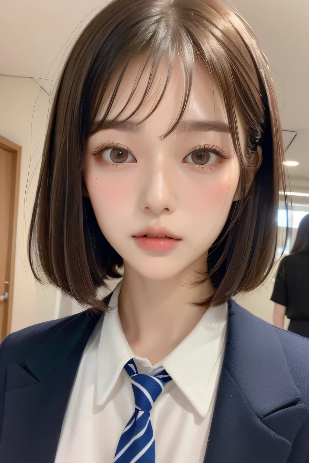 (Highest quality:1.3)、(Masterpiece:1.4)、Raw photo、8k、(Highest Resolution)、(Highest quality)、high resolution、(from the front)、Beautiful face in every detail、Realistic human skin、(Long bob hair:1.3)、(Straight Hair)、(Low hair volume:1.3)、Shirahime cut hairstyle、(Young and pretty Asian face), (Beautiful Asian Girl),((Ulzzang))、(Her eyes are big)、Attractive woman、(Attractive lips)、The corners of the mouth rise、(With bangs))、(No makeup)、Beautiful Hair、(Blushing:1.17)、(Japanese high school girls)、(Schoolgirl uniform)、、(JK Ribbon)、A bow tie、I want to kiss、(I want you to kiss me)、The Temptation of Kissing、garden