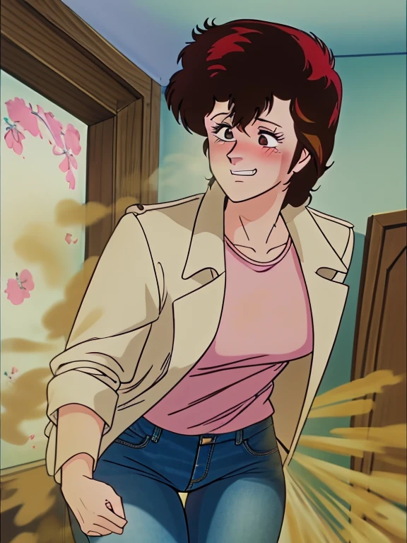 HD, high quality, high resolution, ultrahd,Kaori Makimura, 1female, wearing default outfit, light pink shirt, white coat, wearing coat over tshirt, jeans, default hair, brown hair, very tall body, thin body, massive fart, yellow smoke, velocity, closed eyes, forcing, struggling, struggle face, blush leaning, viewing ass, embarrassed, smiling, clenching teeth, alone in a room, beautiful lighting, highlights
