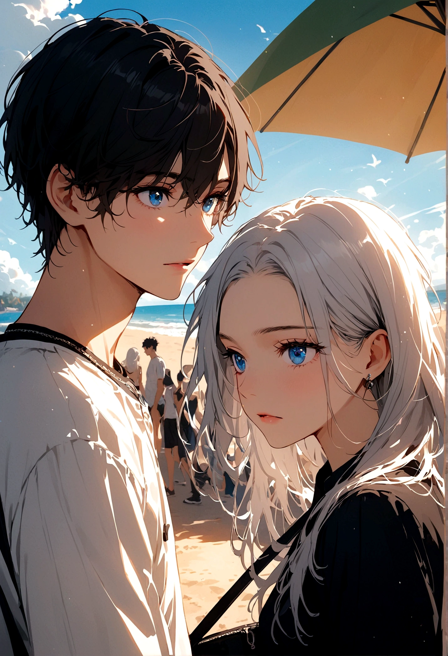 A young man with black hair and blue eyes and a girl with white hair walk along the beach during the day.