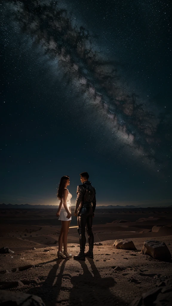 Title: Encontro no Deserto do Planeta Vermelho (Science fiction scene)

(Obra de arte, Futuristic setting, Planeta deserto, Luz das estrelas acesa, artistic style)
A captivating work of art presents a unique sci-fi scene, apresentando dois personagens: um homem e uma mulher, standing against a backdrop of rocky terrain and a star-filled sky. Suas silhuetas, iluminado pelo brilho suave de estrelas distantes, are seen with their backs to the viewer, their hands clasped and looking at an elegant, nave espacial futurista apoiada em uma rocha saliente.

The simplified spacecraft, apresentando formas arredondadas,