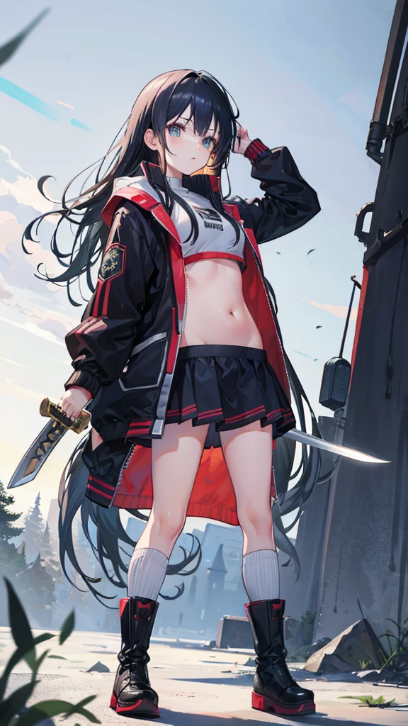 Girl Long hair Wearing a jacket Belly-baring Wearing knee-high socks Wearing boots Full-body picture Fighting with a sword