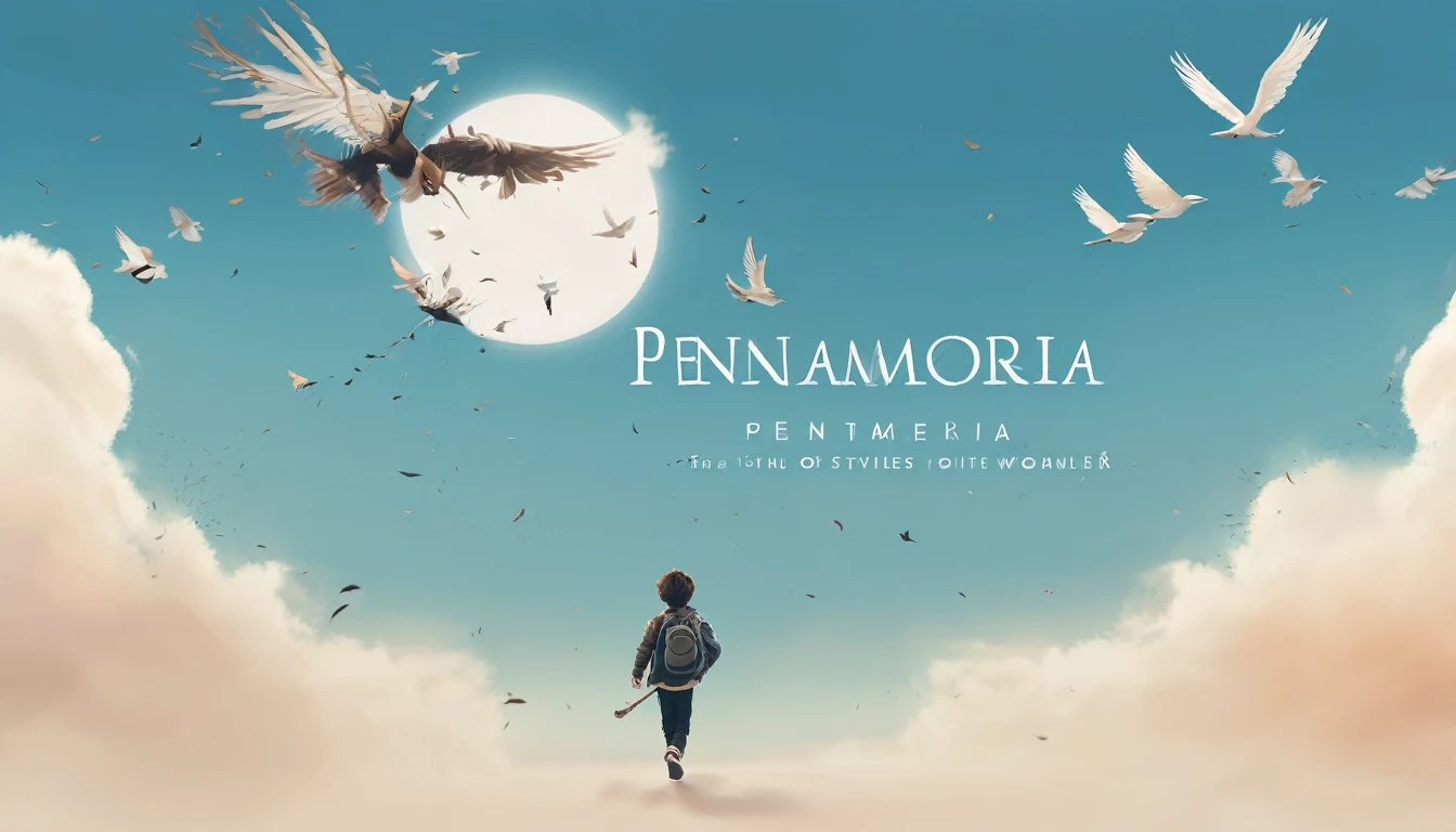 Create a professional, fantastic, cinematic Youtube Banner for a brand about music and stories called " Penamemoria". Masterpiece, 4k, sharp focus, highest quality,wide shot. The title is " Penamemoria". Is a brand about the creative, unique journey of a boy into becoming a musician storyteller. In his journey he finds inspiration in a world of birds and feathers. Minimalistic, simple, poetic, dreamy logotype at the center of the image. The Background image is a world full of fantastic feathers, unique birds, light blue sky, and a boy running happily into the horizon with an acoustic guitar in his right hand. Boy running against the wind, almost simulating like he is flying