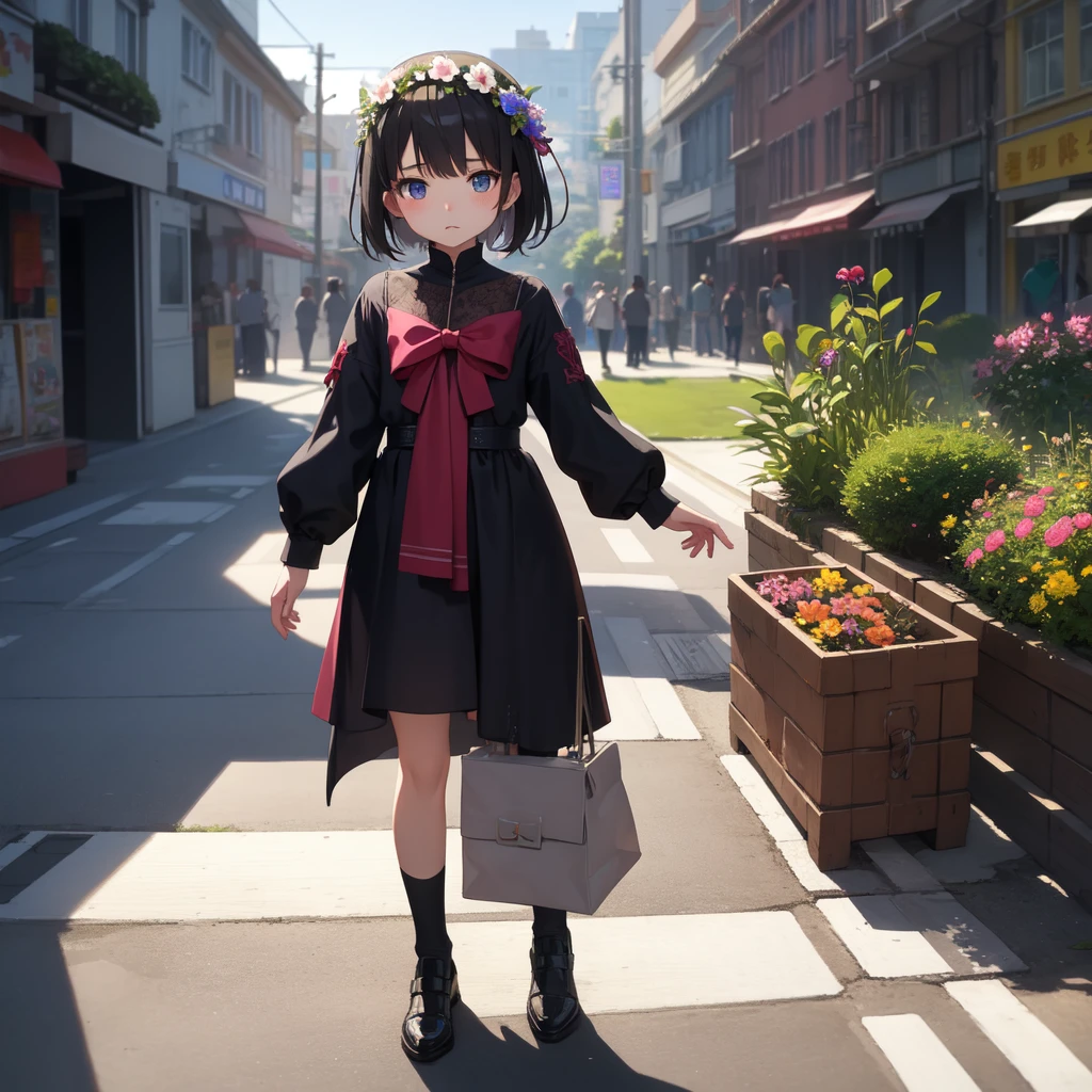 Highest quality、Ultra-high resolution、Fantasy、roleplaying game、Flower girl under 10 years old、On the streets of the city、A pleading expression