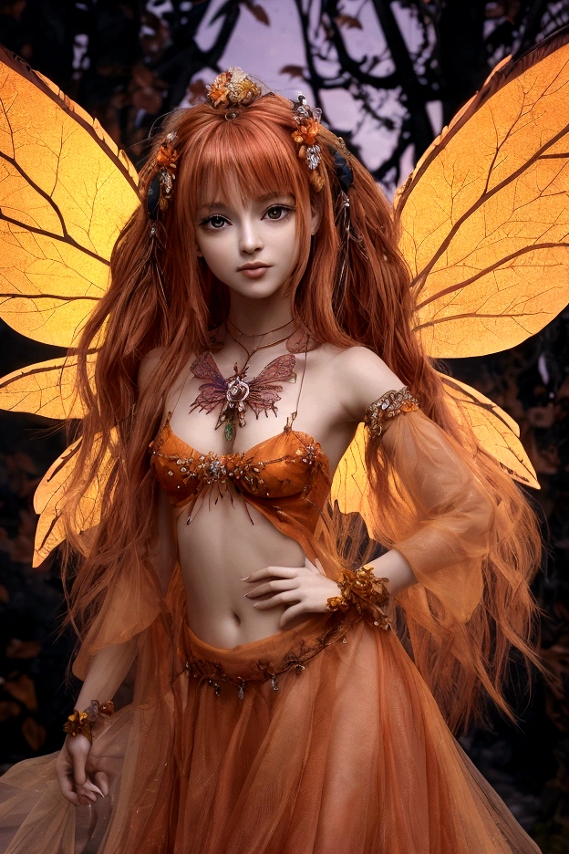 fully body view whimsical cute fairy Tangerine Duskdancer has a vibrant and enchanting presence with her flowing hair in shades of tangerine and deep orange, adorned with tiny glowing orbs and sparkling twilight dew. Her wings are translucent with hues of orange and deep red, resembling the wings of a dragonfly, with intricate patterns that catch the light beautifully. She wears a dress made of soft, tangerine petals and autumn leaves, in hues of orange, red, and brown, giving her an enchanting and dynamic appearance. Her eyes are a deep amber, filled with the mysteries of dusk. Tangerine's skin has a subtle, dusky glow, as if touched by the last light of the day. She carries a staff made of twisted wood and adorned with a glowing topaz, which she uses to summon the energy of dusk and communicate with evening creatures. She is often accompanied by a small, magical bat with iridescent wings, fluttering around her. The background is an autumn forest with the soft, warm light of the setting sun and the first stars appearing in the twilight sky.