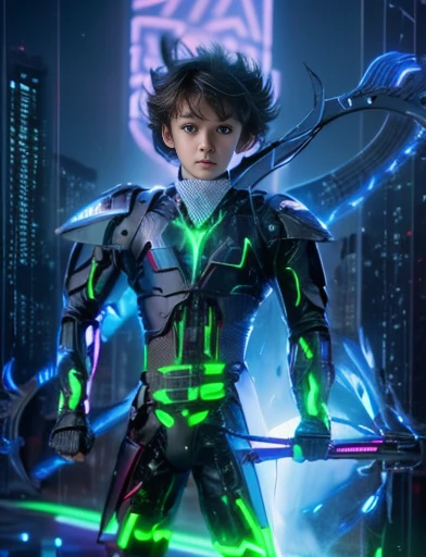 best quality, 8k, highly detailed face and skin texture, ultra high resolution, 1 european boy in futuristic suit in future city at night, futuristic bow with arrows made of pure energy, with neon light, full body, sharp focus