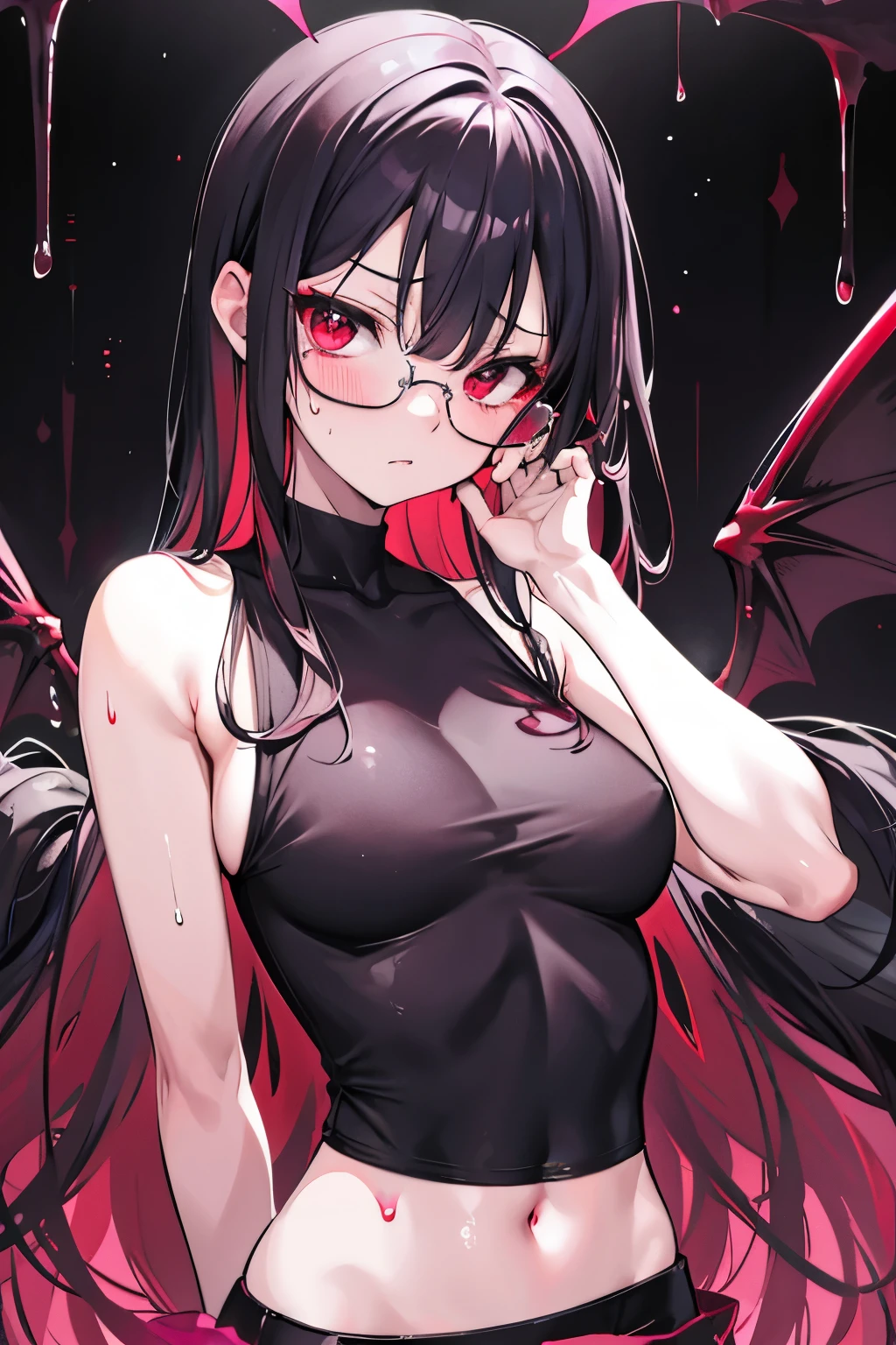 underdressing，Expression of disgust，Expression of disgust，Red Eyes，Sweat，Soaked，liquid，transparent，Cropped tops，succubus，pink，stocking，grid，Glasses