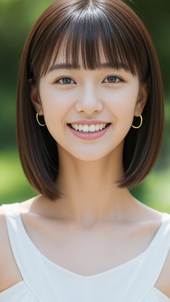 (Highest quality, masterpiece, High resolution), Beautiful 18 year old woman。She is wearing a white off-the-shoulder dress with white frills that only covers her breasts.。Shoulders out、優しいsmile、Show some teeth。Short bob hair straight、(Voluminous short bob、Trimming the bob、Straight Hair、Straight bangs、bangs above eyebrows)、Bob with only one ear showing、Sharp focus、(Light)、clavicle、earrings、necklace、Lightグレーの背景、smile