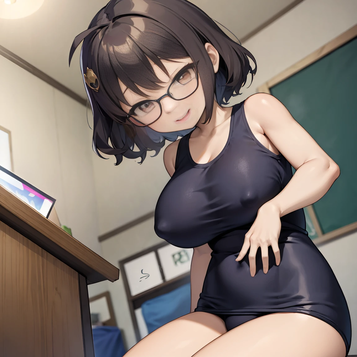 8k、masterpiece、Japanese、Woman wearing glasses、anise、from the front、smile、Childish、Big Breasts、Sheer School Swimsuit、night、Bedroom、Move the cloth between your legs to show