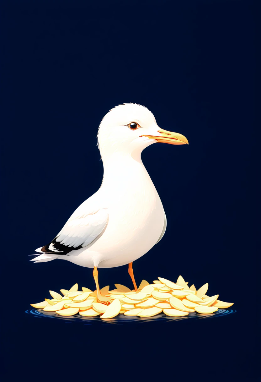 Vector art minimalist logo illustration of cute white seagull with a pile of long chips at its feet vector art type, detailed, Beautiful artistic rendering in clean minimalist cartoon style
