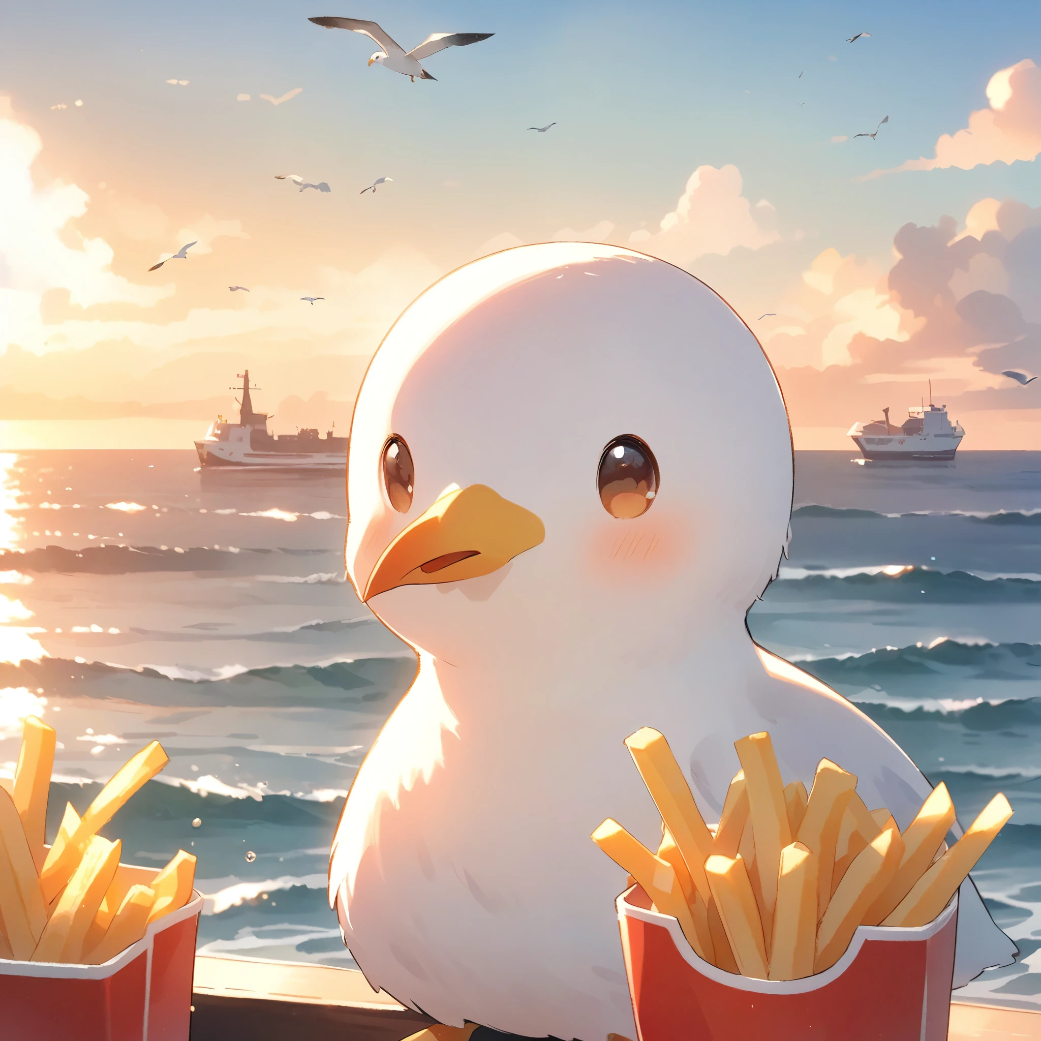 Seagulls on the coast, french friesを咥えて, A seagull is perched, 美味しそうなfrench fries:1.2, french fries, Tranquil seaside scenery, Anchored ship, Clear skies, dreamy_animal:1.1, Beautiful horizon, (Seagulls close-up:1.2, Seagull holding a potato:1.3, Watercolor).