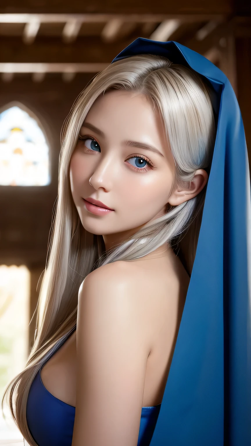 Non-NSFW、Realistic、highest quality、highest quality、masterpiece、Ultra-high resolution、RAW Photos、Realistic、Bright lighting、Face Light、Smooth Professional Lighting、Looking into the camera、alone、Adult female、Beautiful woman、Super Beauty、realistic skin、Moisturized Skin、Realistic eyes and faces、Perfect model body shape、Beautiful Eyes、Big eyes、Inconspicuous tear bags、slim、No bra、Beautiful fingers、very long hair、Silver Hair、Blue Eyes、Looks happy、(Both ears are hidden by hair)、Fantasy World、Medieval Europe、saint、(((Holy Priestess)))、Inside the temple、(Saint&#39;s pure white costume:1.2), Small Ass, (Large Breasts:1.3),(Venus&#39; Nipples:1.8), A konigsreuter, (front open white Priest's robe:1.6),(standing leaning forward:1.2),(from above:1.5)