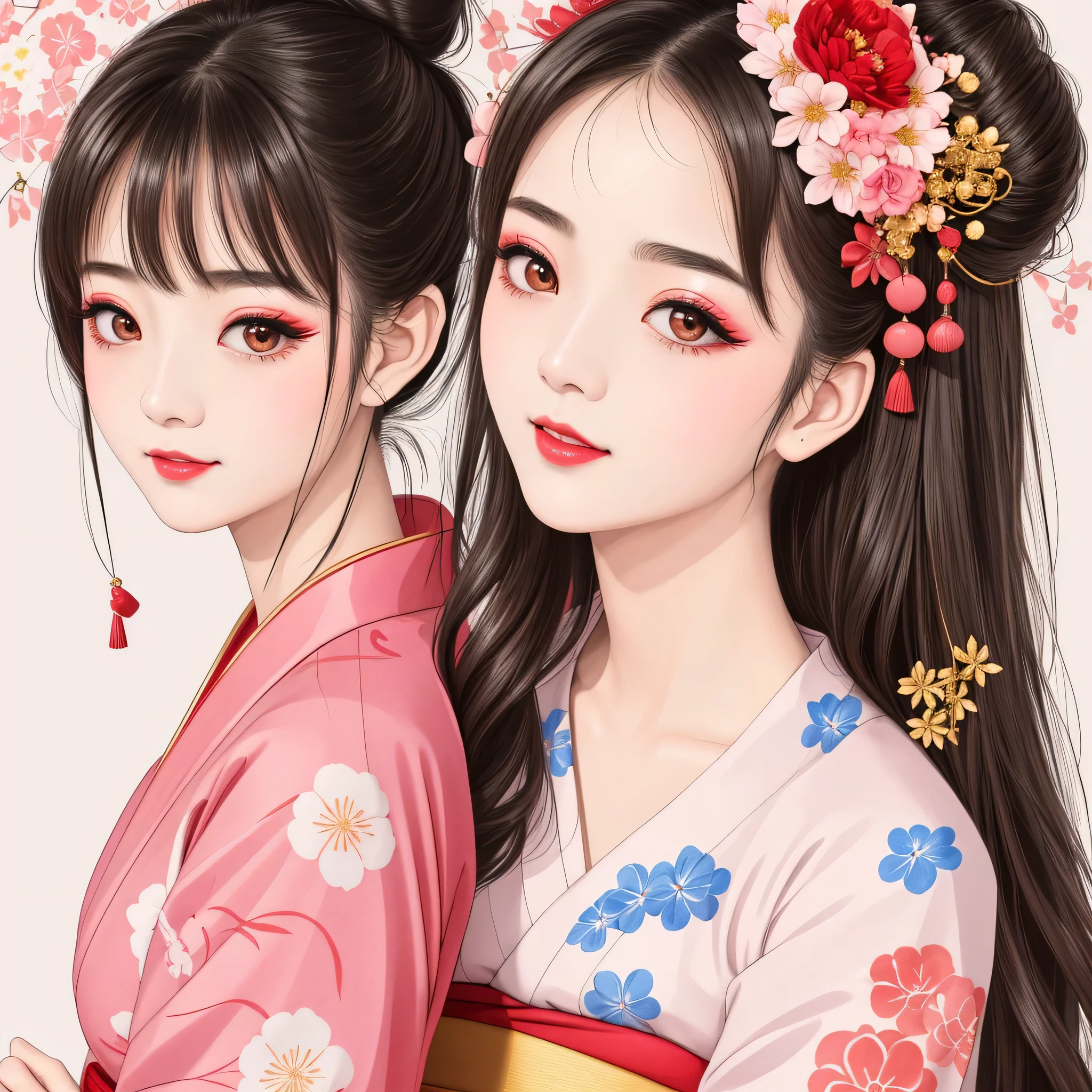 Each has a different expression２People and sisters、(２ girls）、｟Dancing traditional arts with grace)、((Big Breasts、Small Face、Not exposed))、Highest quality、masterpiece、（Black Hair、Bun Hair）、Brown Eyes、｟Wide angle、Angle from above the waist、Pause on the magazine cover、Their gazes are different, gazing into the distance｠、(８K High Quality、masterpiece、High resolution、Realistic and beautiful light and shadow、(Highest quality)、(High Resolution)、(Very delicate and beautiful)、(Beautiful 8k face)、(With a smile、Beautiful eyes)、(Clear skin)、(Soft hair)、(８Head to Body)、(A Japanese-style yukata kimono with red, pink, orange and blue floral patterns on a white background, interspersed with gold powder、Wearing a yukata２Beautiful Japanese girls)、((Tanabata decoration background))、((Small Face))、(arms up)、Thin and small nose、（Red lipstick）、（Make your cheeks red）、（Glossy skin）、((Ink painting style))、Very thin eyebrows、Overall ultra-high image quality、（She is wearing maiko-style makeup.）、Whitening、Long and beautiful eyelashes、Glowing Skin、（Red cheeks）,Straight nose、masterpiece、Highest quality、whole body、 Eyebrows visible through hair、Bun Hair、Grin、Gal、Gal、Viewer&#39;s Eyes、Plaid、Stylish、woman、fine、Pause、
Waiting to start 
