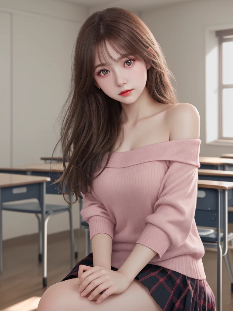 ((One Girl)), ((Highest quality)), (Super detailed), (Very detailed CG 統合 8k 壁紙), Very detailed, High-resolution RAW color photos, Professional photography, Brown Hair, Great face and eyes, Pink Eyes, (Amazingly beautiful girl), School, classroom, Off the shoulder,