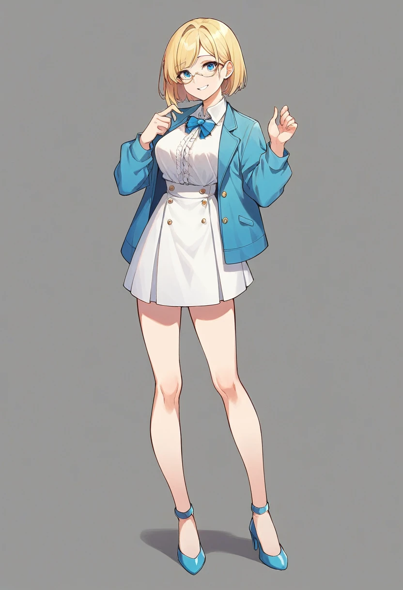 beautiful woman, beautiful face, solo, full body, standing, medium bob cut blonde hair, light blue eyes, two points glasses, medium breasts, blue opened short jacket, white blouse, white pleats Slightly longer skirt, (calf of legs), blue high heels, soft smile, (pinch one's her glasses), perfect hands and perfect fingers, temptation pose, black background, no background, pastel 2d art, matte painting, anime, masterpiece