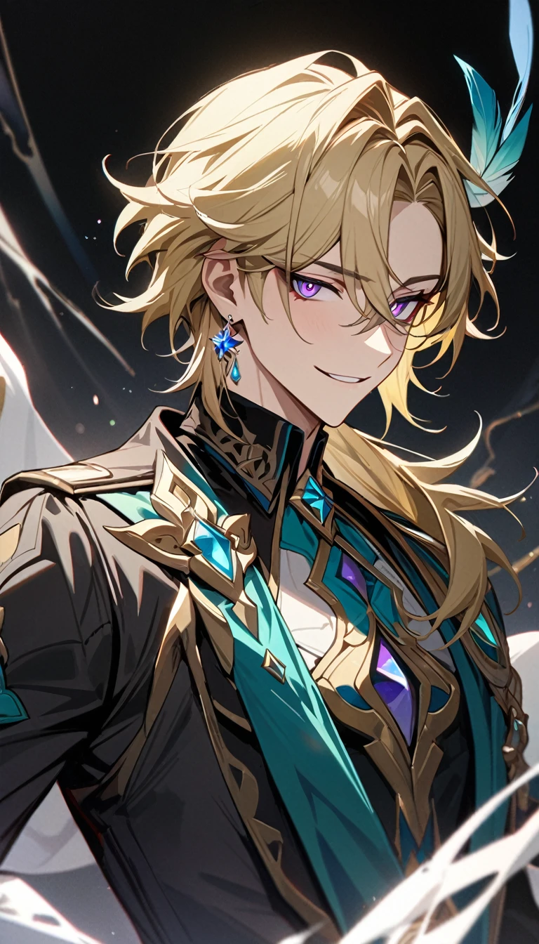 (masterpiece), best quality, expressive eyes, perfect face, ((1 male)),alone,((yellow hair)),low ponytail,((purple eyes)), exquisite eyes, gentle smile, Exquisite clothing details, Gorgeous background, (((complete upper body))), (((Front view))), (((looking towards the audience))),whole body,noble,Handsome,front,8K,Single sided exquisite earrings,positive face, Side face, masterpiece, best quality,solo,1boy,hair ornament, jewelry,feather hair ornament, black background, blonde hair, aventurine honkai star rail1boy, aventurine, blonde hair, gorgeous, medium hair, (two-tone eyes, purple eyes, blue eyes), best quality, high resolution, materpiece, very detailed, male focus, simple BG, cinematic lighting, smile, Quality,1boy,matured male,Beautiful face