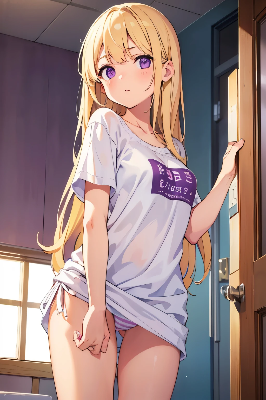 Middle school girl, , A cup breasts, blonde, long hair, purple eyes (One person) She is wearing a plain white T-shirt with her white bra showing through. White panties with light pink horizontal stripes((I can see her panties))Barefoot, morning, standing in the bathroom, dynamic angle Low - Angle