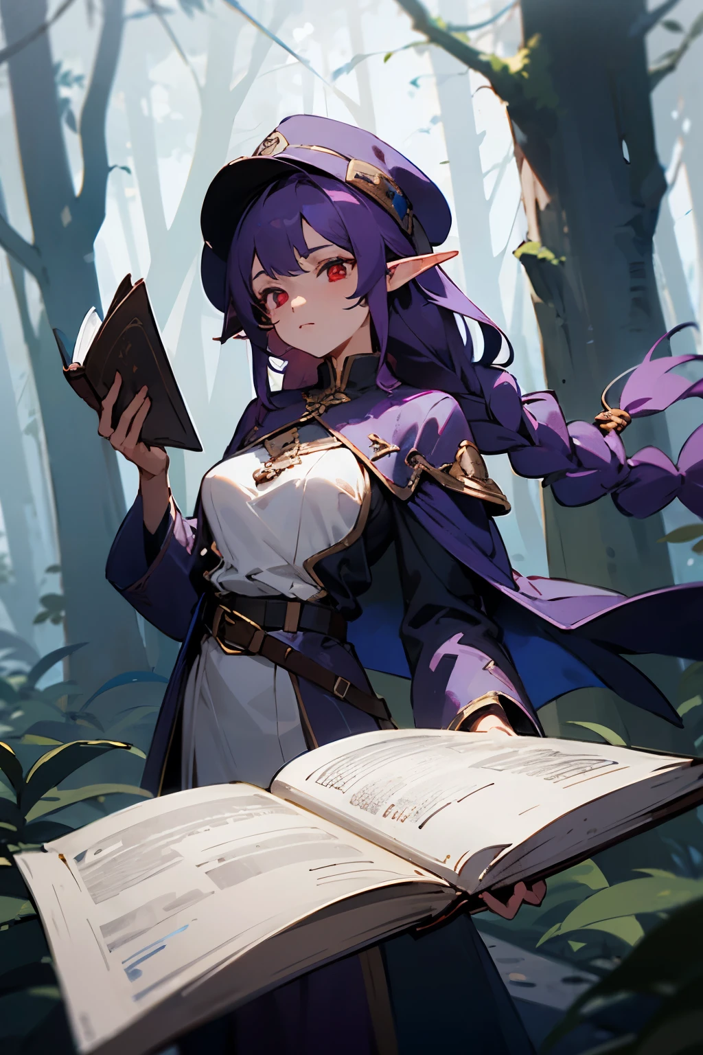 young woman , half-elf , Medium breasts , closed alchemist clothing , hat , dark purple hair , long hair with one braid , dark red eyes , calm look , belt with a book on the lower back , standing in the forest