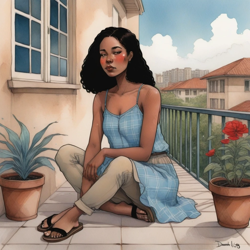 The watercolor, anime style, you asked for it, with the Brazilian woman of African ethnicity as the focal point of the scene. She sits with her back to us on a concrete porch, her arms resting on her knees and her straight brown hair falling around her shoulders. She wears a light blue blouse with thin straps and a floral skirt, her lips are a striking red and she wears black flip-flops. A brown plaid bag sits on the balcony, and the background has a beige wall with a window and potted plants by Daniela Uhlig