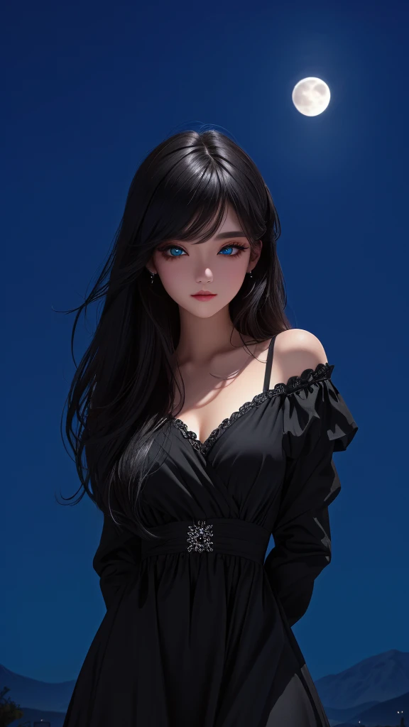 ultra-detailed, beautiful eyes, detailed eyes, detailed face, woman in black casual dress against full moon background, master piece, best quality, high resolution, 16k