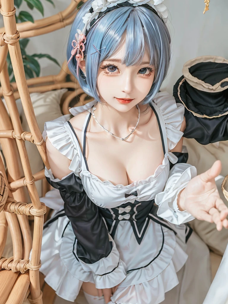 Accurate depiction with high resolution,(8K, Photorealistic, Raw photo, of the highest quality: 1.3), (1girl in), Super beautiful, (Realistic face), (boyish, pink Color Berry Shorthair), Beautiful , Glare that captivates the viewer, Beautiful expression, Beautiful breasts, (Realistic skin), Be...Create a detailed and colorful image of Ram and Rem from Re:Zero, standing back-to-back in their maid outfits, with a magical fantasy background、14years old, two girls,cute, perfect face, beautiful, nice body, gothic lolita clothes, gothic lolita fashion, frilly skirt, headdress, necklace, bracelet, knee-high socks, boots, double eyelids, tear bags, Detailed down to the fingers, photo-like description, indoors, dim indoor lighting, one girl is pink hair and short bob, another girl is light blue hair and short bob,standing,whole body, composition that shows the whole body, smiling,The Both of them are wearing the same type of maid outfit,Optimal ratio of 4 fingers and 1 thumb,walking