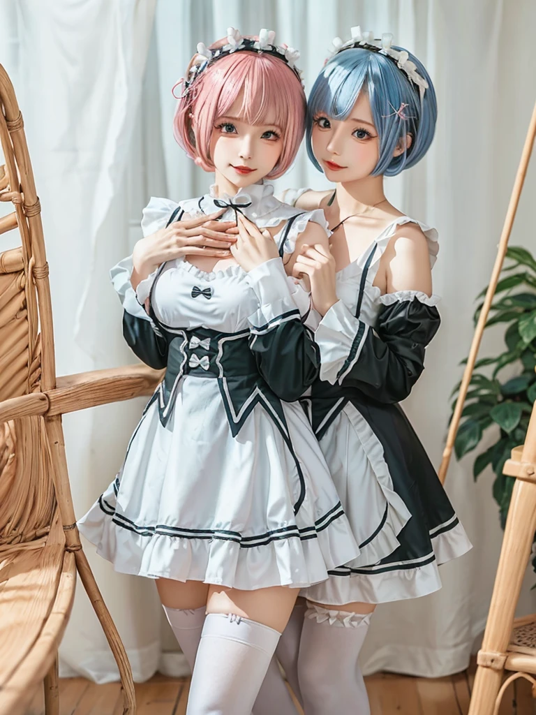 Accurate depiction with high resolution,(8K, Photorealistic, Raw photo, of the highest quality: 1.3), (1girl in), Super beautiful, (Realistic face), (boyish, pink Color Berry Shorthair), Beautiful , Glare that captivates the viewer, Beautiful expression, Beautiful breasts, (Realistic skin), Be...Create a detailed and colorful image of Ram and Rem from Re:Zero, standing back-to-back in their maid outfits, with a magical fantasy background、14years old, two girls,cute, perfect face, beautiful, nice body, gothic lolita clothes, gothic lolita fashion, frilly skirt, headdress, necklace, bracelet, knee-high socks, boots, double eyelids, tear bags, Detailed down to the fingers, photo-like description, indoors, dim indoor lighting, one girl is pink hair and short bob, another girl is light blue hair and short bob,standing,whole body, composition that shows the whole body, smiling,The Both of them are wearing the same type of maid outfit,Optimal ratio of 4 fingers and 1 thumb,walking