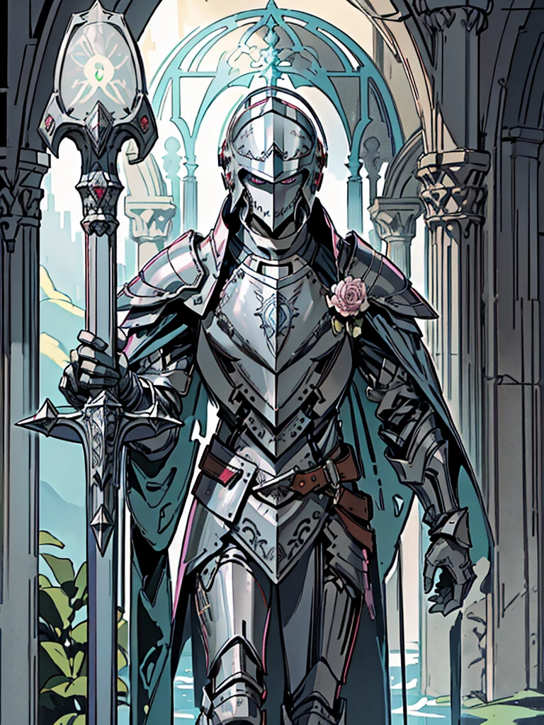 (Flat color:1.1),(Colorful:1.3),(Masterpiece:1.2), tarot: healer, Best quality, Masterpiece, Original, 1 male, ((metal helmet)), pale blue cape, pink and blue light, silver skin, stern, wide brim hat, cleric robes, holding mace, Full body photo of men，((gray armor)), Very detailed wallpaper, Solo，(underwater scenery)，tarot card layout，Best quality, Masterpiece, (Realistic:0.6), Realistic lighting, Flower frame， Decorative panels， abstract artistic， Alphonse Mucha （masterpiece， best quality， A high resolution： 1.4）， A detailed， Complicated details， 4K，cerulean， Line art， Fibonacci, cape, bald, stone, expressionless, robotic, 