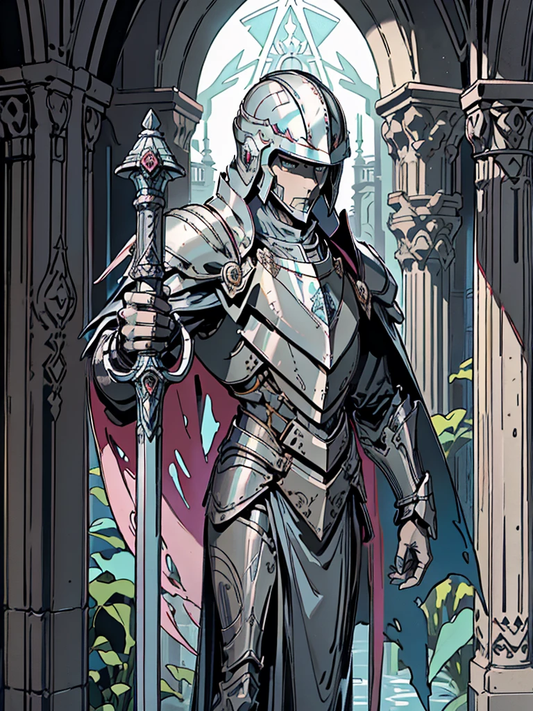 (Flat color:1.1),(Colorful:1.3),(Masterpiece:1.2), tarot: healer, Best quality, Masterpiece, Original, 1 male, ((metal helmet)), pale blue cape, pink and blue light, silver skin, stern, wide brim hat, cleric robes, holding mace, Full body photo of men，((gray armor)), Very detailed wallpaper, Solo，(underwater scenery)，tarot card layout，Best quality, Masterpiece, (Realistic:0.6), Realistic lighting, Flower frame， Decorative panels， abstract artistic， Alphonse Mucha （masterpiece， best quality， A high resolution： 1.4）， A detailed， Complicated details， 4K，cerulean， Line art， Fibonacci, cape, bald, stone, expressionless, robotic, 