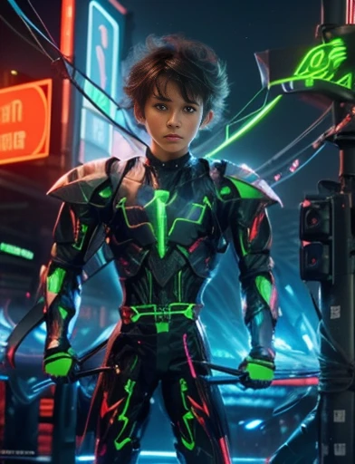 best quality, 8k, highly detailed face and skin texture, ultra high resolution, 1 european boy in futuristic suit in future city at night, futuristic bow with arrows made of pure energy, with neon light, full body, sharp focus