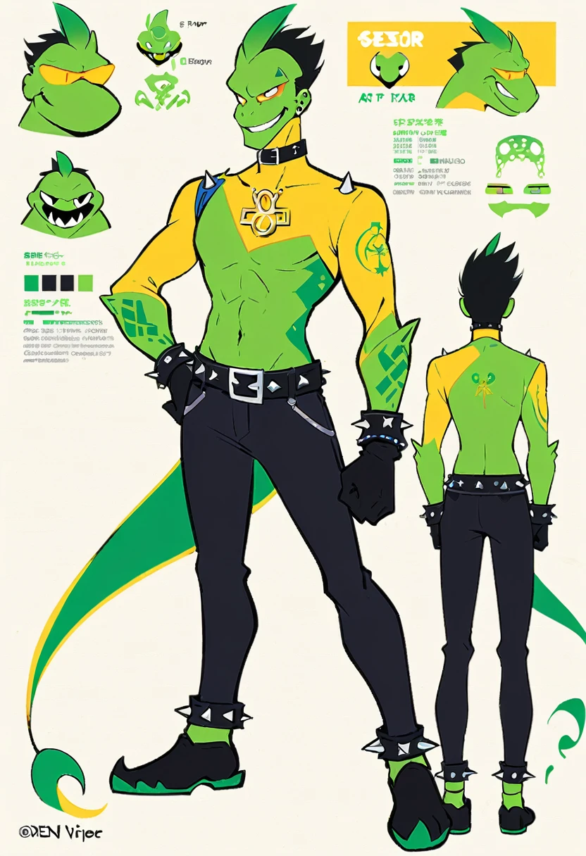 ((mejor calidad)), ((Obra maestra)), ((smiling anthropomorphic male green viper with a design based on Disney Pixar art:1.5)) Character pose: one hand on his hip and the other extended to his side, same for front, back, and side views. Clothing: piercing in the left nostril, leather choker with spikes, black leather jacket with spikes, leather arm bracelets with spikes, graphic t-shirt with white ankh, black collar with silver circle pendant, black fingerless gloves, black leather pants, spiked black leather belt, spiked black leather ankle bracelets. Physical: green mohawk, slim body, yellow eyes, elongated snout, segmented yellow scale mouth, sharp fangs, forked pink tongue, segmented yellow scale neck and belly, 4-fingered hands with black claws, bare 3-toed feet with black claws, elongated tail with segmented yellow underside. Personality: friendly, humorous, fun-loving, punk rock style. Flat colors without gradients. the character is barefoot，simple background, ((three-sided view, full body, simple background, multiple views, high resolution)) , full body, (((detailed character sheet, front view, side view, three-quarter view))) (((white background))) 8 and a half heads full body