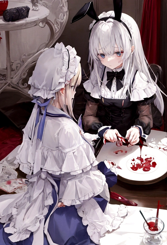 Alice　Rabbit　dark　darkな雰囲気　包丁を持っているRabbit　Rabbitのクローズアップ　There is blood on the knife　Picture books　Picture booksのテイスト　