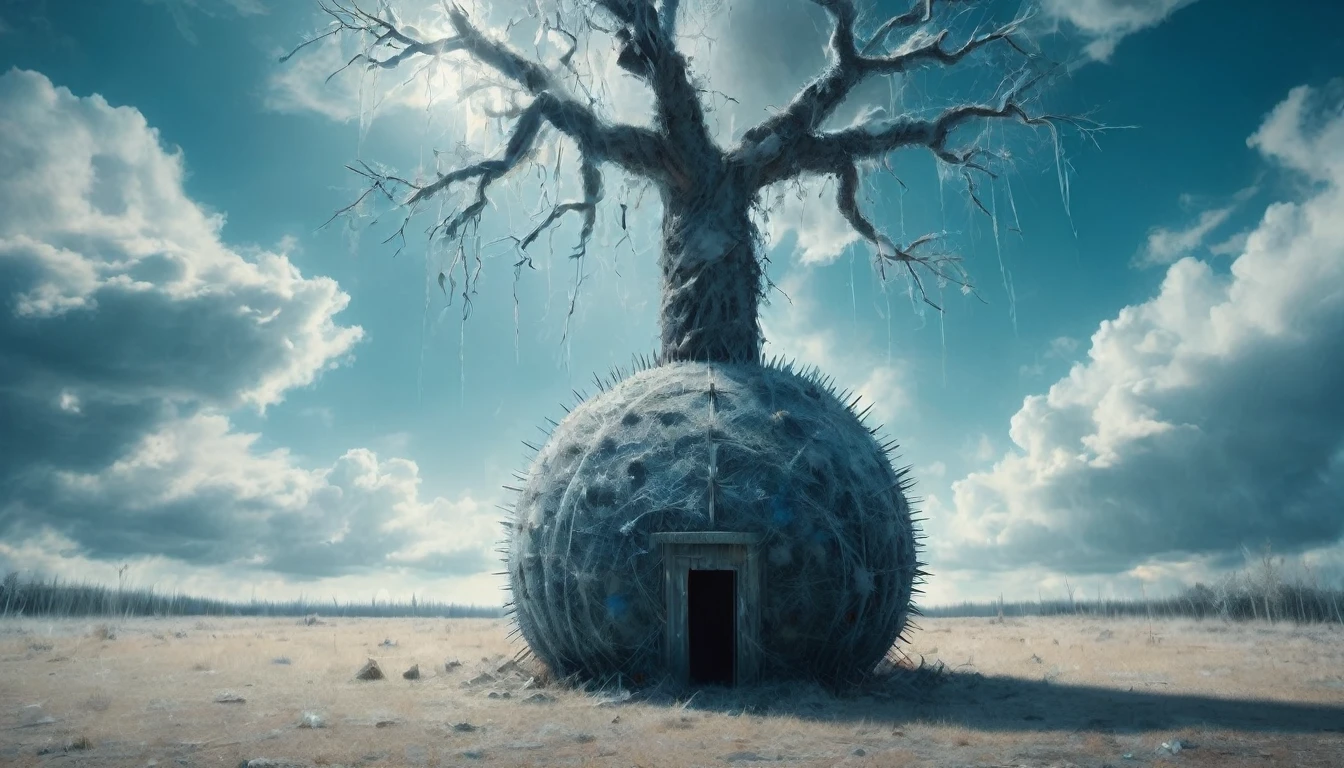 Big iron ball and iron tree,A man in a suit is tied to a cross, Toothpicks stuck all over her body, Like a hedgehog, with a look of anguish,Spooky forest,Abandoned Shelter,Creepy Doll,Sinister Shadow,Demonic possession,Blue sky and white clouds,Thunder and Lightning,ice,