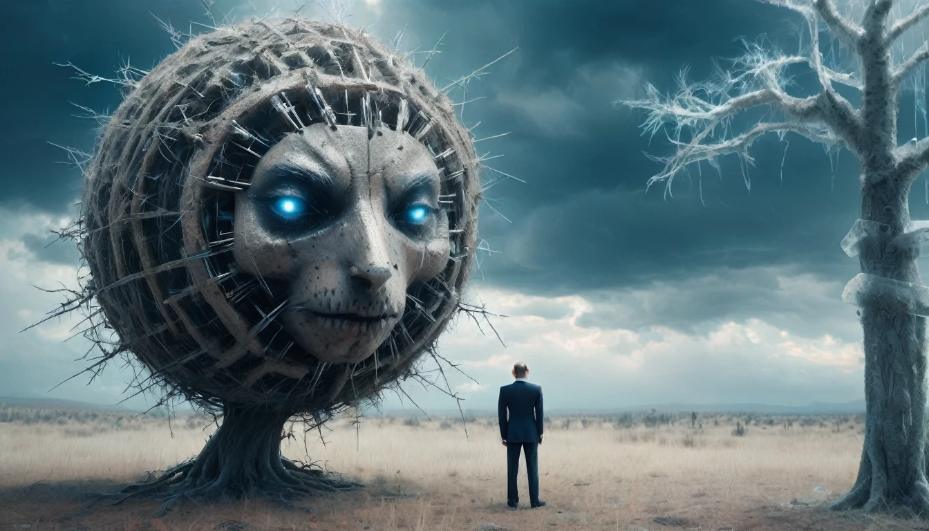Big iron ball and iron tree,A man in a suit is tied to a cross, Toothpicks stuck all over her body, Like a hedgehog, with a look of anguish,Spooky forest,Abandoned Shelter,Creepy Doll,Sinister Shadow,Demonic possession,Blue sky and white clouds,Thunder and Lightning,ice,