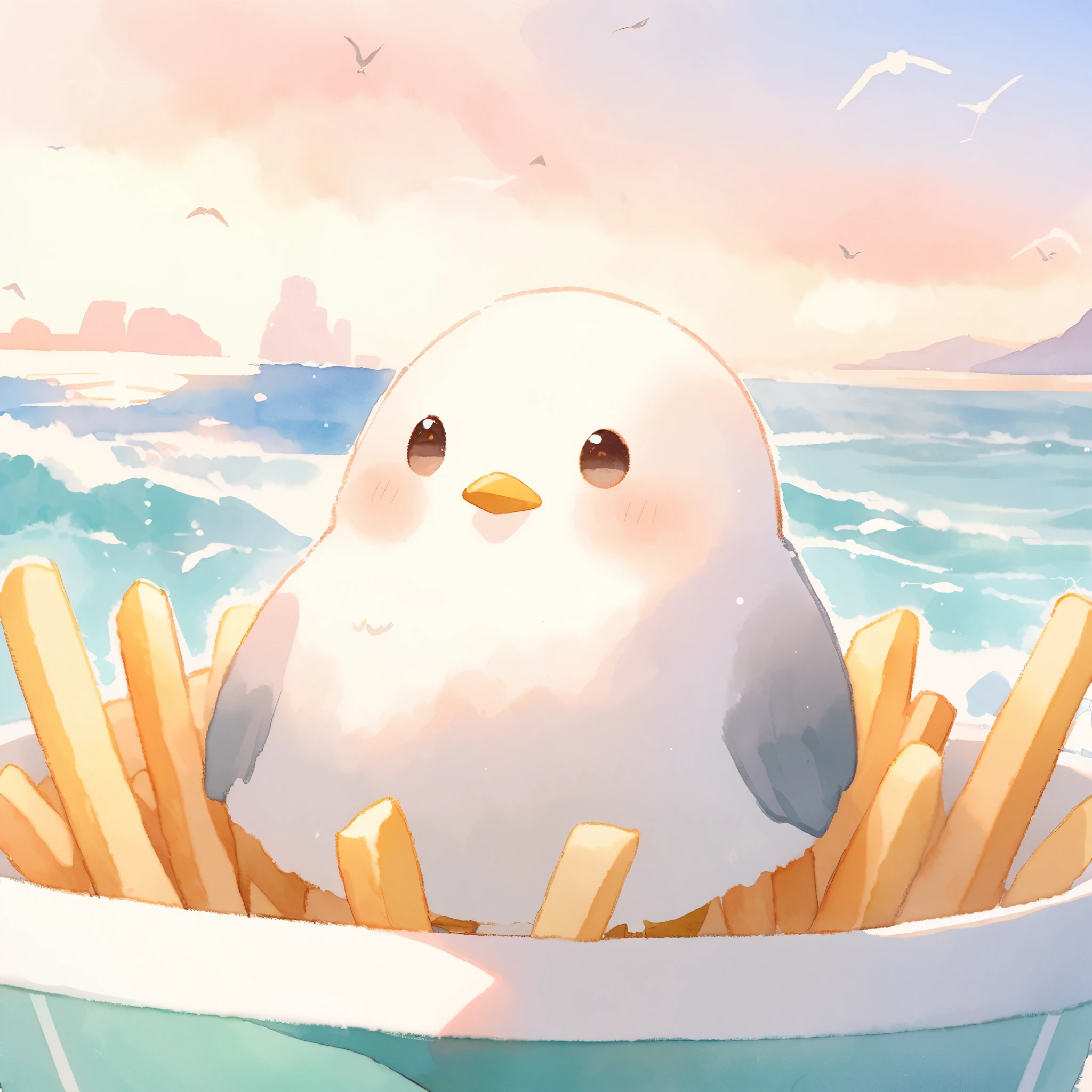 Seagulls on the coast, french friesを咥えて, A seagull is perched, 美味しそうなfrench fries:1.2, french fries, Tranquil seaside scenery, Anchored ship, Clear skies, dreamy_animal:1.1, Beautiful horizon, (Seagulls close-up:1.2, Seagull holding a potato:1.3, Watercolor).
