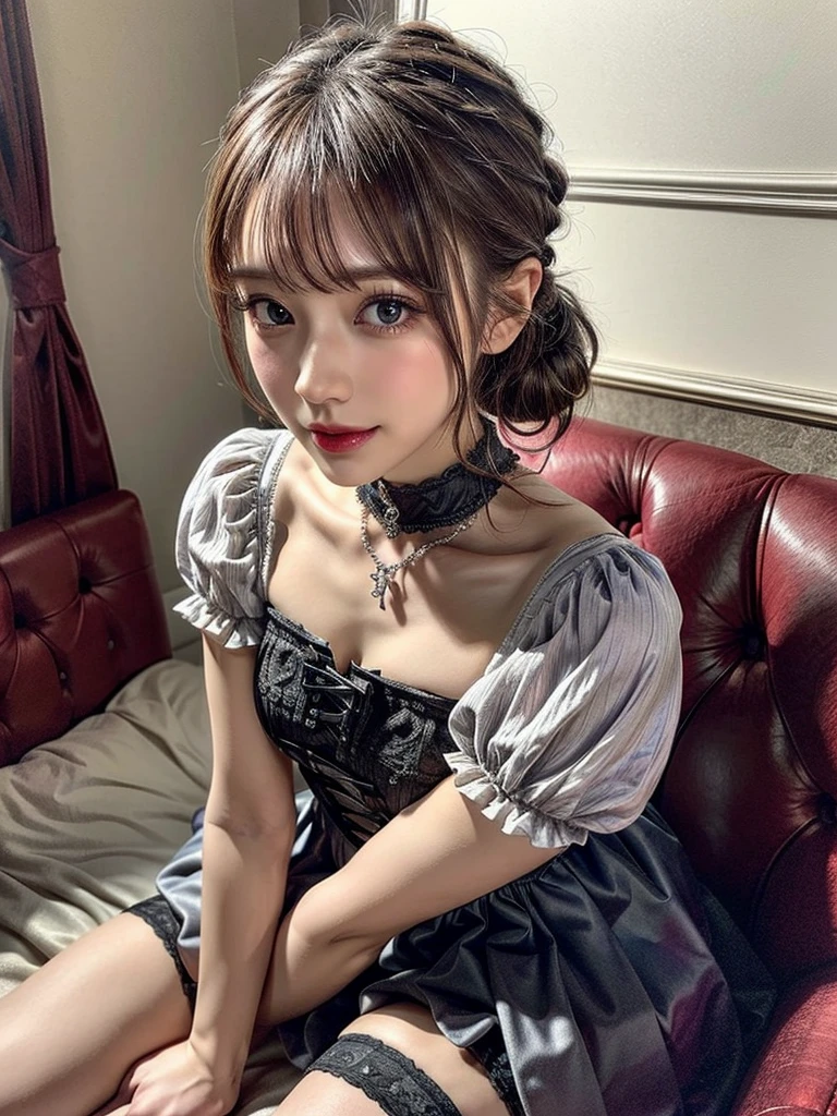 (8K, Photorealistic, Raw photo, of the highest quality: 1.3), (1girl in), Super beautiful, (Realistic face), (boyish, Silver Color Berry Shorthair), Beautiful , Glare that captivates the viewer, Beautiful expression, Beautiful breasts, (Realistic skin), Be...Super high quality, super high definition, super detailed, masterpiece, 20years old, female, cute, perfect face, beautiful, nice body, gothic lolita clothes, gothic lolita fashion, frilly skirt, headdress, necklace, bracelet, knee-high socks, boots, double eyelids, tear bags, Detailed down to the fingers, photo-like description, indoors, dim indoor lighting, blonde hair, pony tail, standing, whole body, composition that shows the whole body, smiling