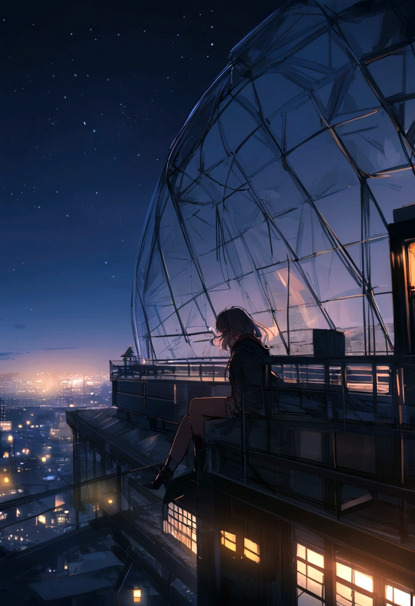 Highest quality, masterpiece, Very detailed, Detailed Background, anime, 1 Girl, Young girl, Short girl, SF, SF, Outdoor, night, Starry Sky, greenhouse, giant structure, Biodome, Wind景, scenery, horizon, rooftop, sitting on rooftop, Wind, avert your eyes, Atmospheric lighting, Focus Only, close, From the side, Written boundary depth, Bokeh