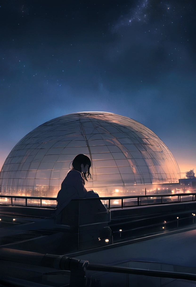 Highest quality, masterpiece, Very detailed, Detailed Background, anime, 1 Girl, Young girl, Short girl, SF, SF, Outdoor, night, Starry Sky, greenhouse, giant structure, Biodome, Wind景, scenery, horizon, rooftop, sitting on rooftop, Wind, avert your eyes, Atmospheric lighting, Focus Only, close, From the side, Written boundary depth, Bokeh