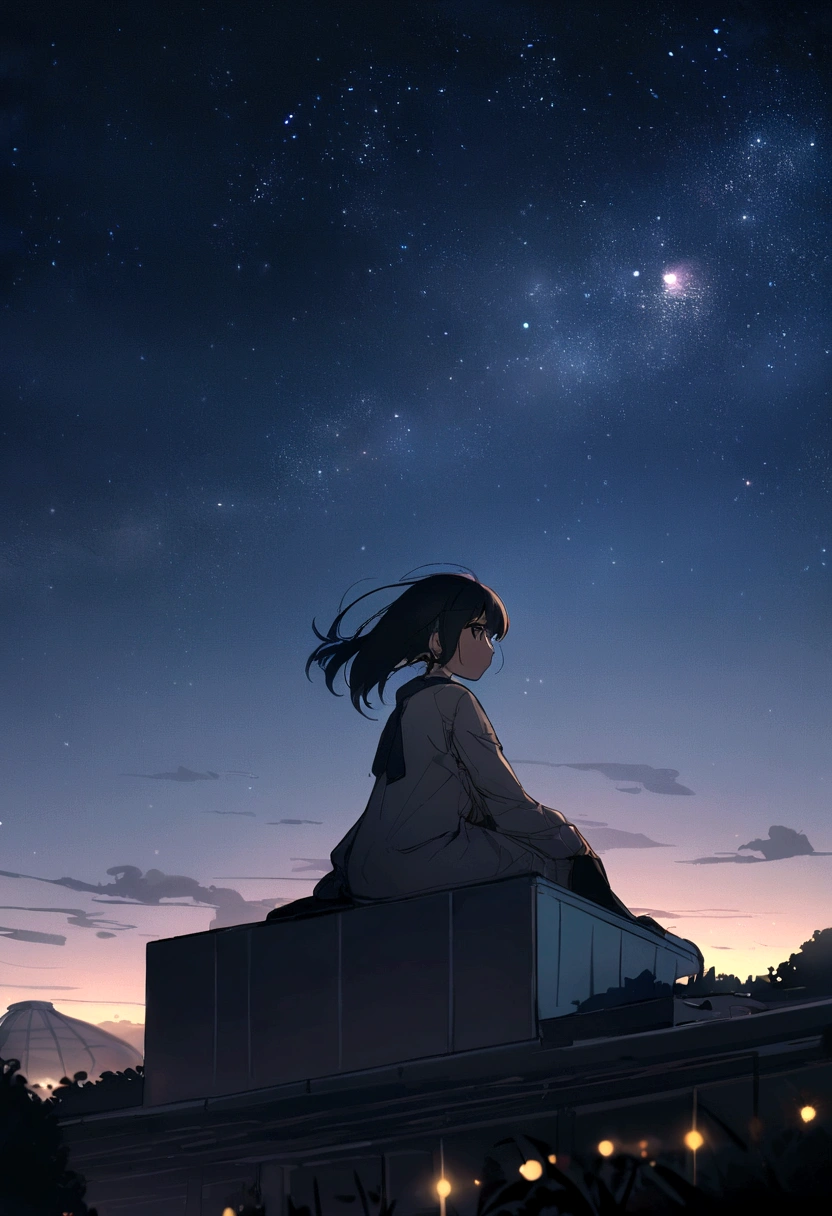 Highest quality, masterpiece, Very detailed, Detailed Background, anime, 1 Girl, Young girl, Short girl, SF, SF, Outdoor, night, Starry Sky, greenhouse, giant structure, Biodome, Wind景, scenery, horizon, rooftop, sitting on rooftop, Wind, avert your eyes, Atmospheric lighting, Focus Only, close, From the side, Written boundary depth, Bokeh