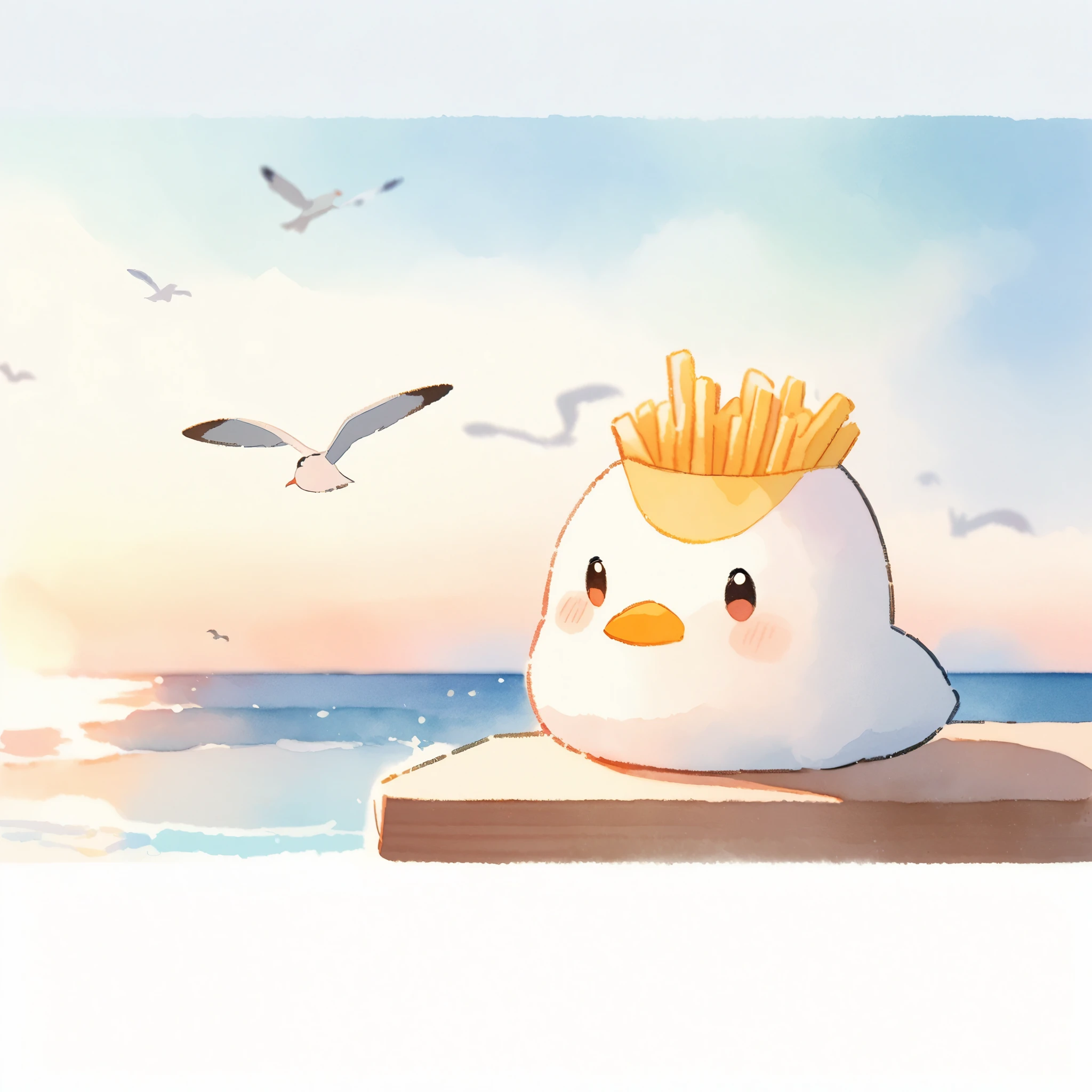 Seagulls on the coast, french friesを咥えて, A seagull is perched, 美味しそうなfrench fries:1.2, french fries, Tranquil seaside scenery, Anchored ship, Clear skies, dreamy_animal:1.1, Beautiful horizon, (Seagulls close-up:1.2, Seagull holding a potato:1.3, Watercolor).