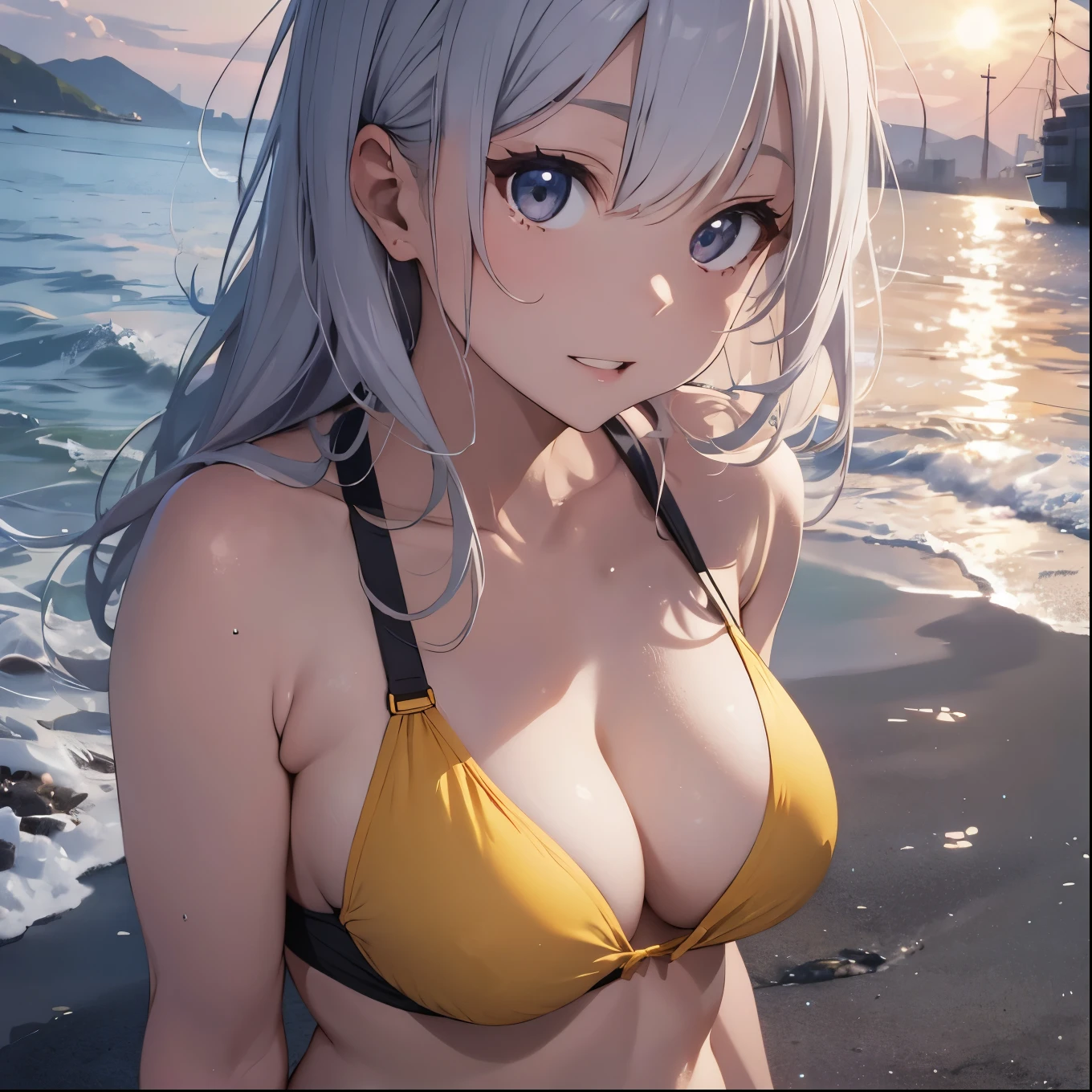 Silver-haired girl drawn in high resolution Japanese anime style、whole body、Women in yellow bikinis taking photos on a deserted beach, model bikini, , Young and cute gravure idol, Posing together in a bra, Russian and Japanese mix, sakimichan, Asian woman, Wear a swimsuit, that'that'that'that'that'that'that'that'that'that'that'that'that'that'that'that'that'that'It's hot with the shining sun, Japanese Model, Cute Core, sakimichan HDRI, Young Gravure Idol, Chubby